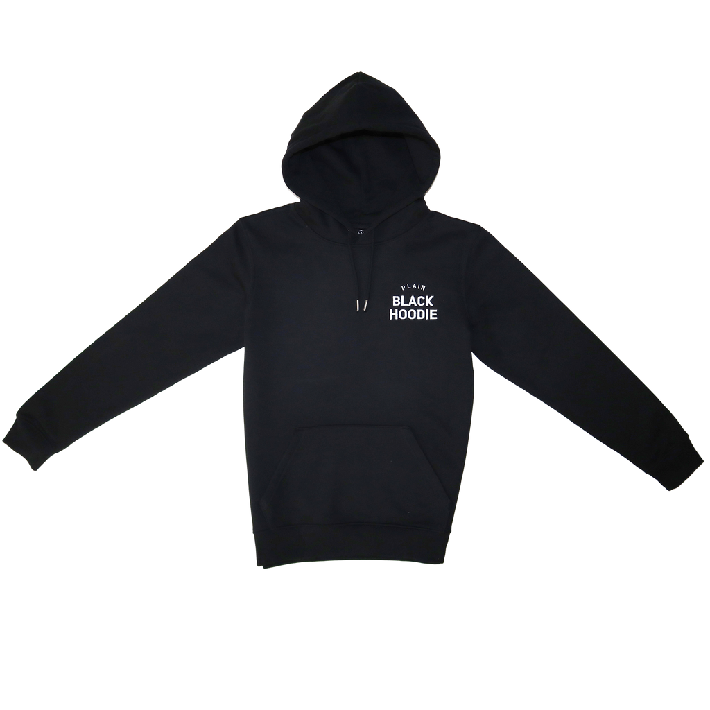 plain black hoodie, plain apparel, black hoodie, streetwear, plain apparel, the plain shop, unisex hoodie, organic cotton, recycled polyester