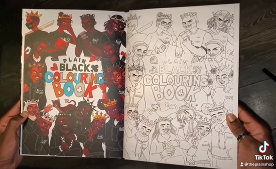 plain black colouring book, black royalty, black characters, the plain shop, colouring book, video