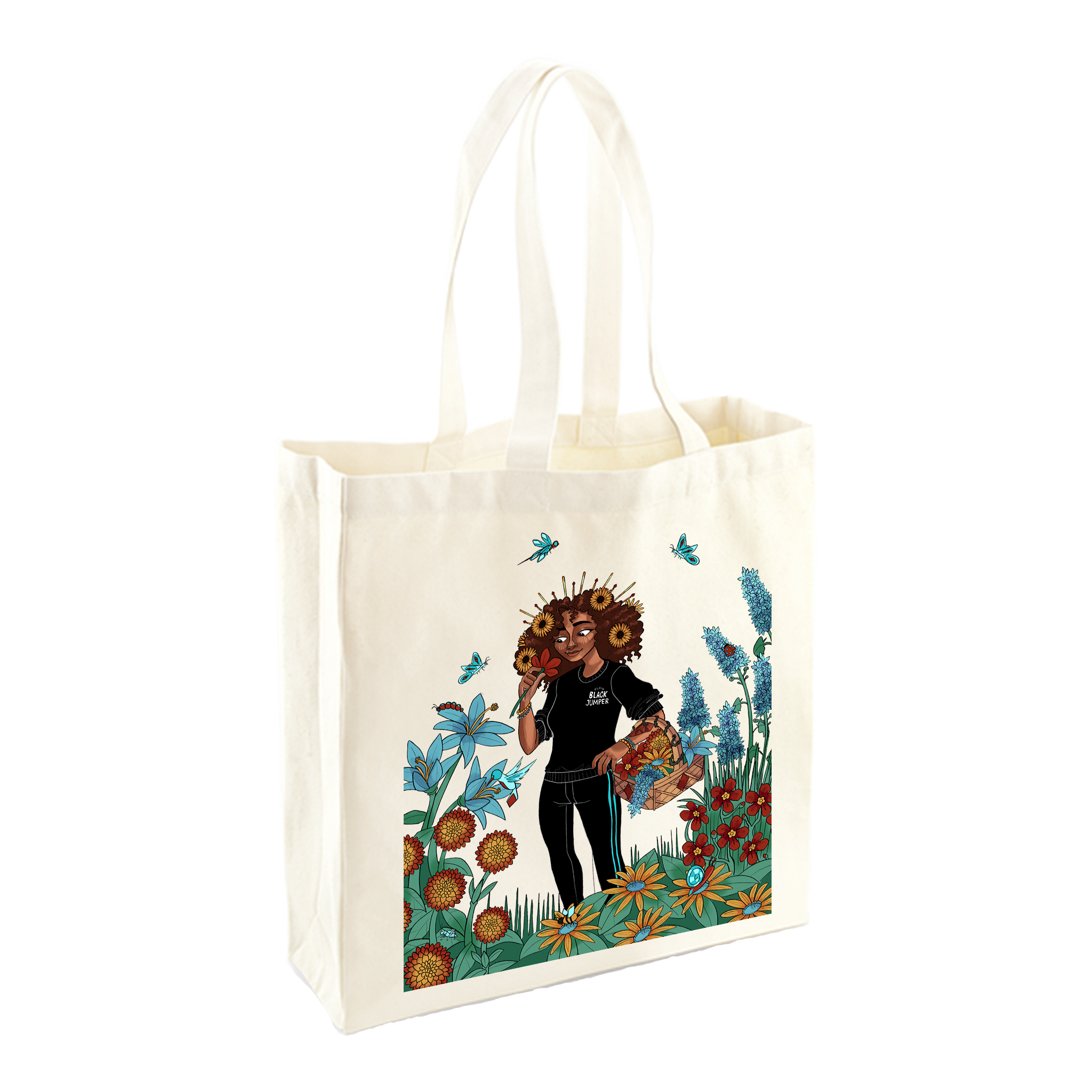fairtrade cotton, tote bag, flowers, graphic design, durable tote bag, the plain shop