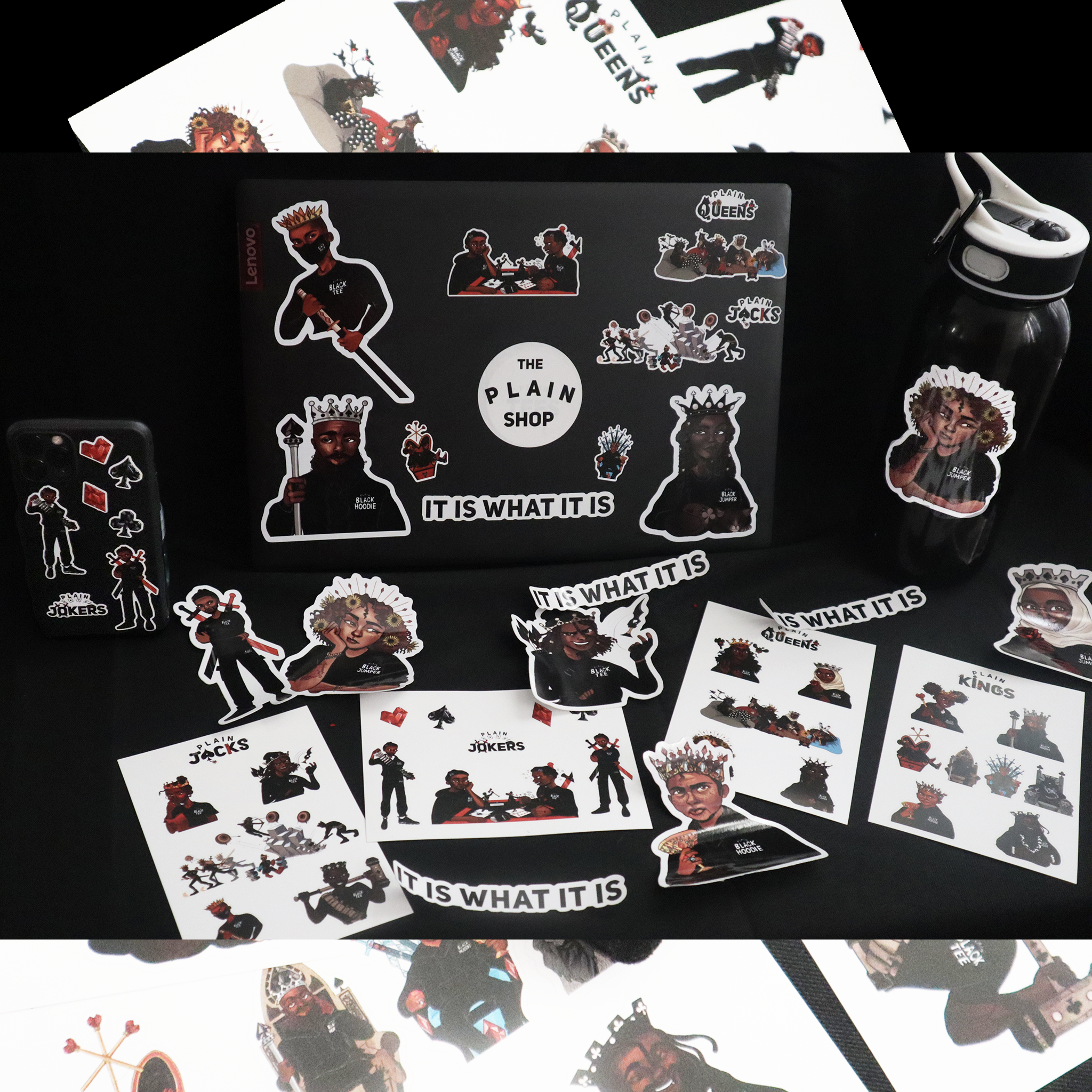 die cut stickers, phone stickers, black royalty, laptop stickers, sticker sheets, it is what it is stickers