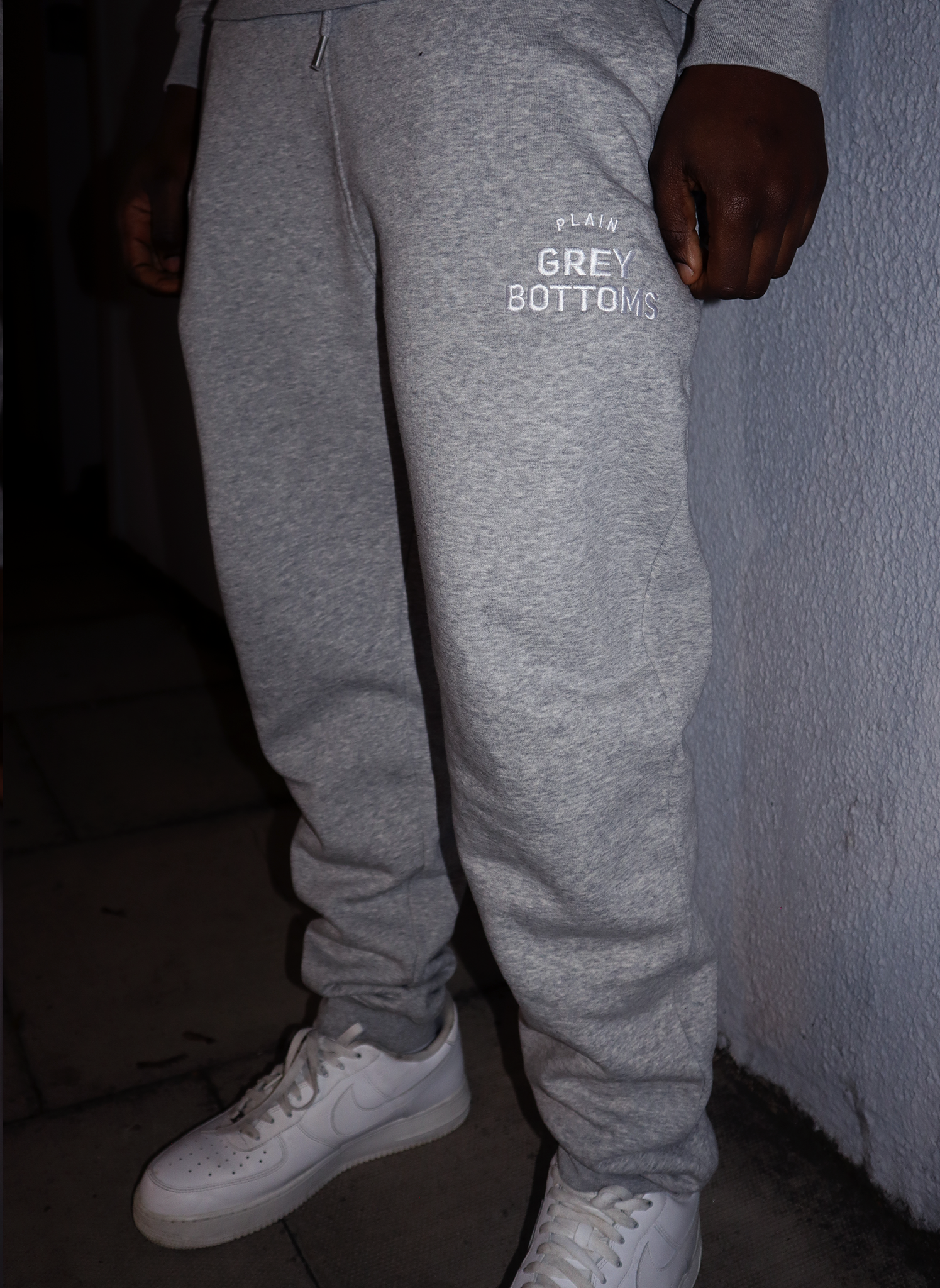 plain grey bottoms, sustainable streetwear, organic cotton, recycled polyester