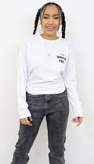 plain white tee, plain apparel, long sleeve white t-shirt, streetwear, plain apparel, the plain shop, it is what it is, 100% cotton